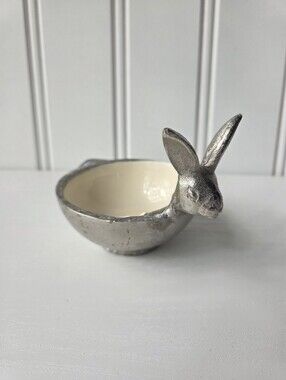 Silver Metal Rabbit Trinket Dish Bowl Decor Candy Jewelry